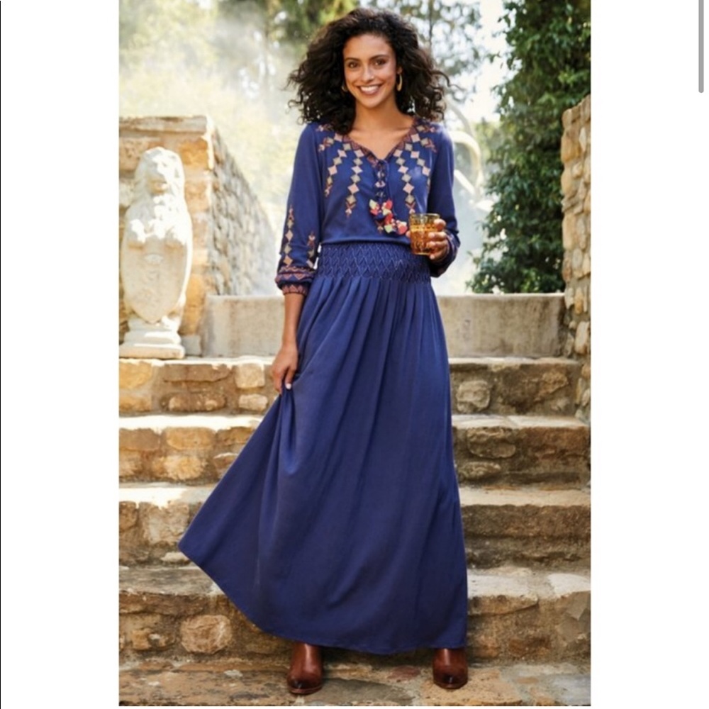 Soft Surroundings Socorro Dress Large Navy Embroidered Maxi